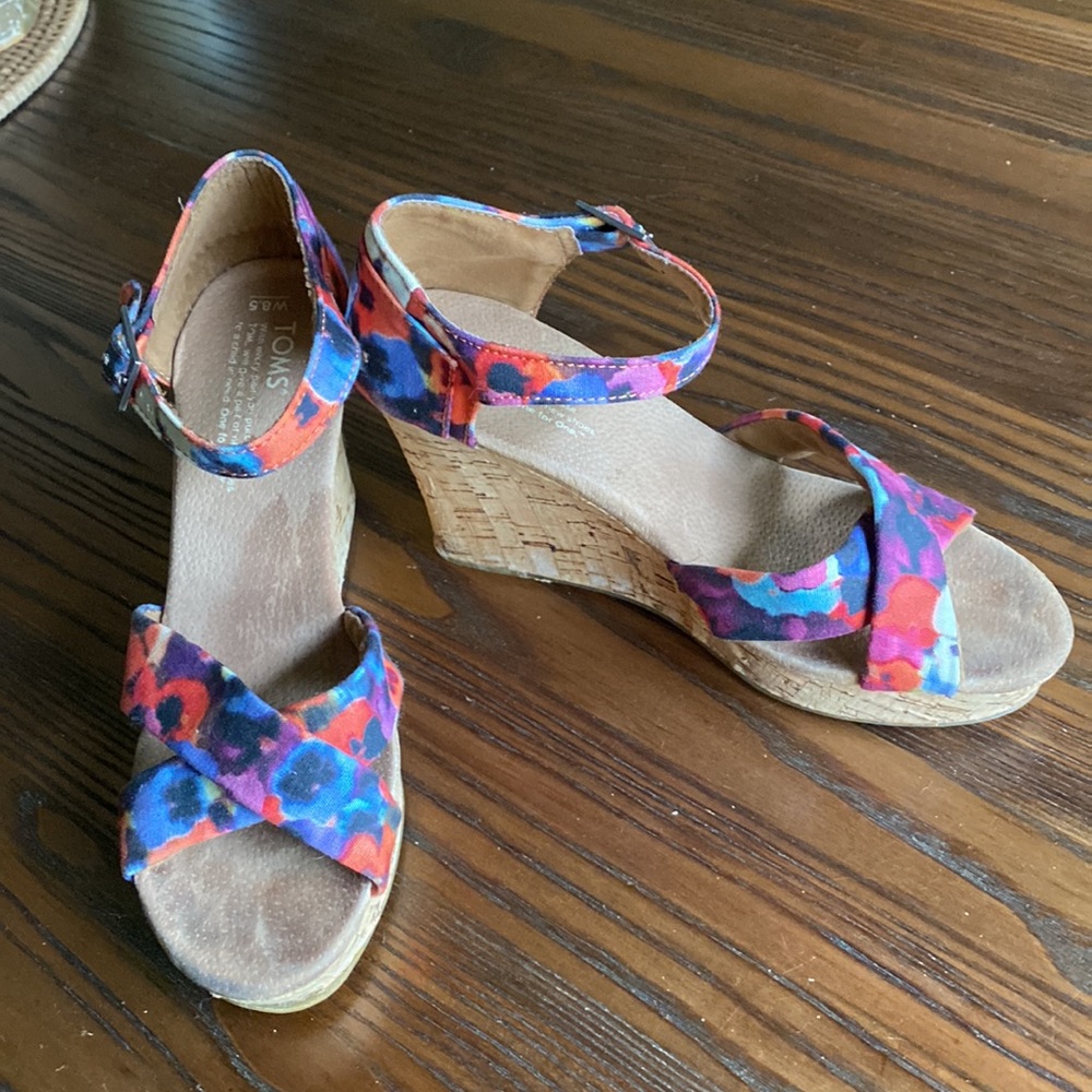 Floral Print Ankle Strap Cork Wedge Sandals